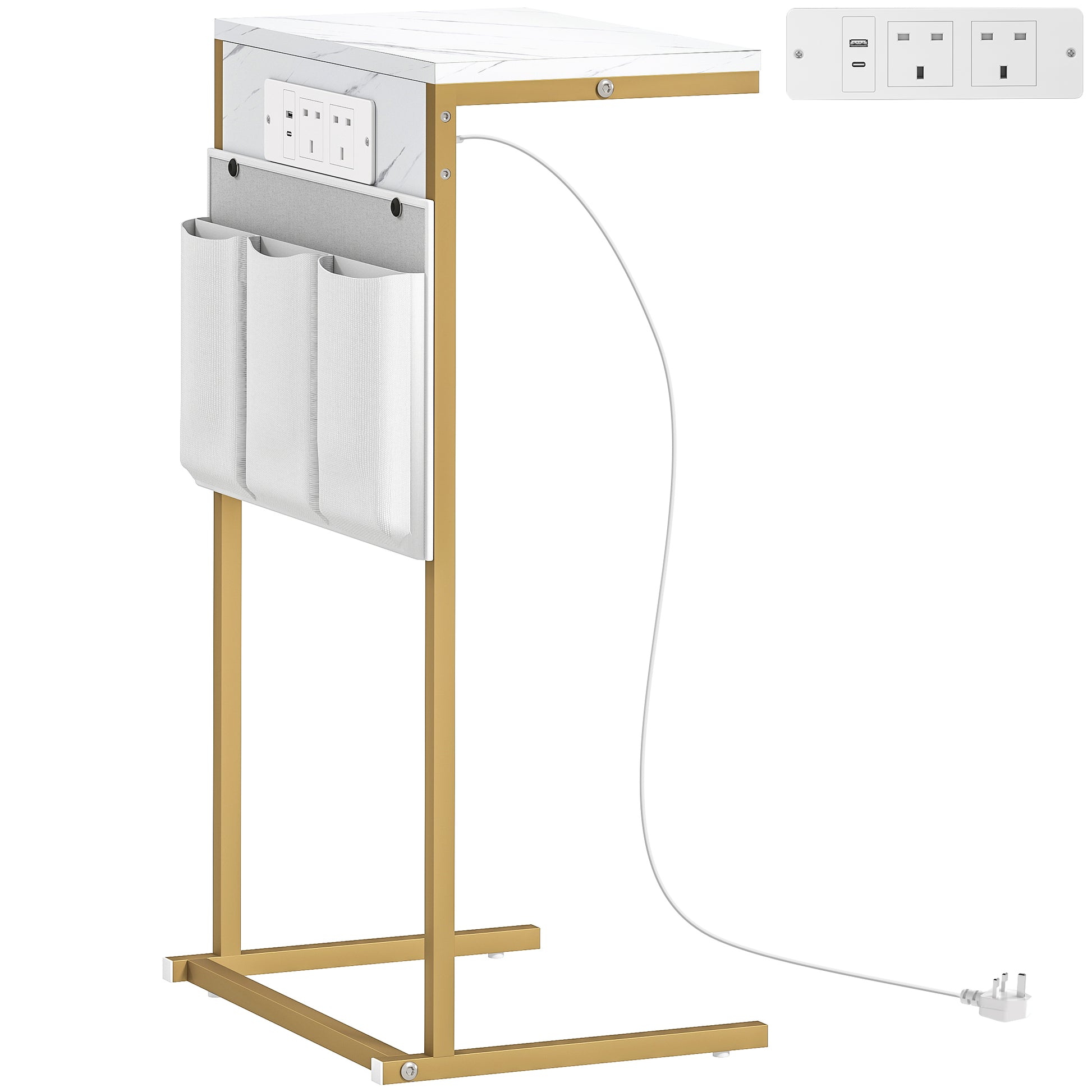 White HOMCOM C-shaped bedside table with marble top, built-in charging station, USB ports, and power outlets.