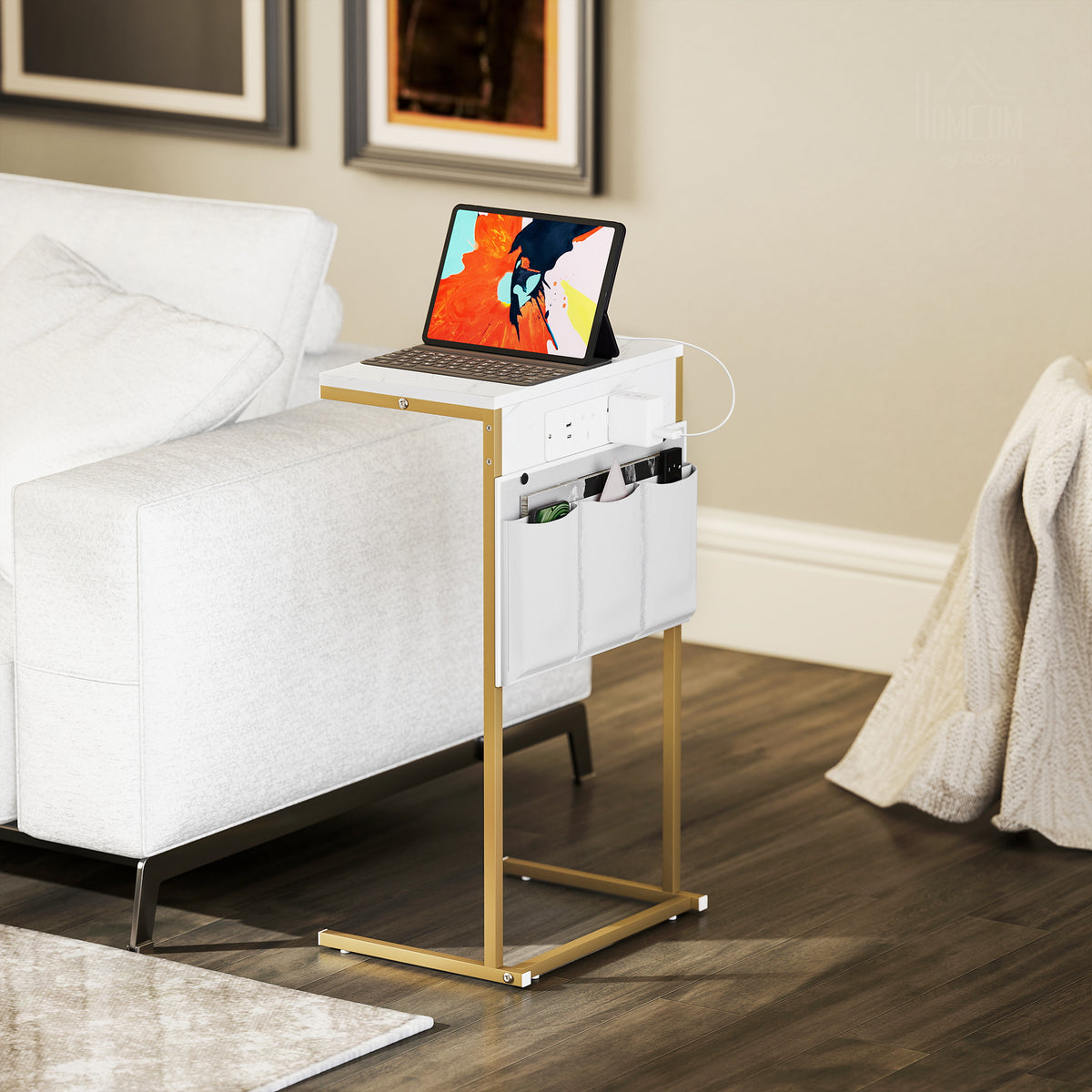 White HOMCOM C-shaped bedside table with marble top, built-in charging station, USB ports, and power outlets for convenient use.