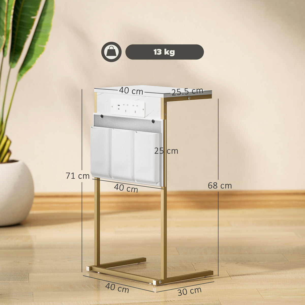 White HOMCOM C-shaped bedside table with marble top, built-in charging station, USB ports, and power outlets.