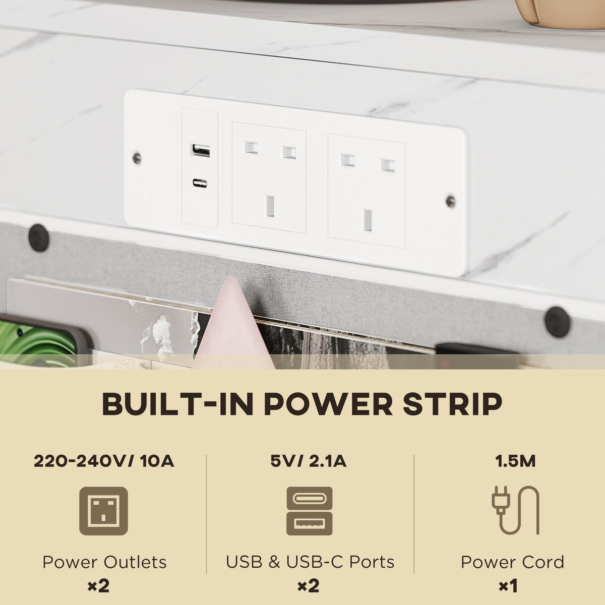 White HOMCOM C-shaped bedside table with marble top, built-in charging station, USB ports, and power outlets.