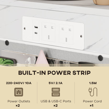 White HOMCOM C-shaped bedside table with marble top, built-in charging station, USB ports, and power outlets.