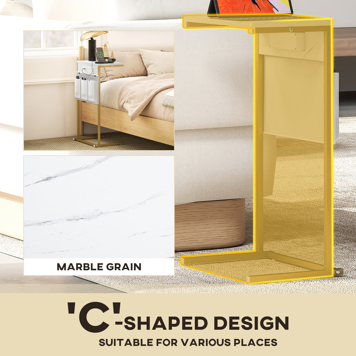White HOMCOM C-shaped bedside table with marble finish, built-in charging station, USB ports, and power outlets for convenient charging.