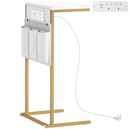 White HOMCOM C-shaped bedside table with marble top, built-in charging station, USB ports, and power outlets for convenient use.
