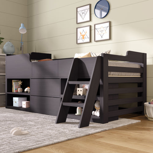 White wooden cabin bed frame for kids with storage drawers and shelves, 3ft single size, HOMCOM brand, low sleeper design.