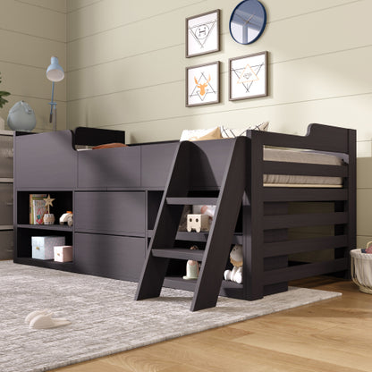 White wooden cabin bed frame for kids with storage drawers and shelves, 3ft single size, HOMCOM brand, low sleeper design.