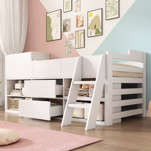 White wooden cabin bed frame for kids with storage drawers and shelves, 3ft single size, low sleeper design by HOMCOM.