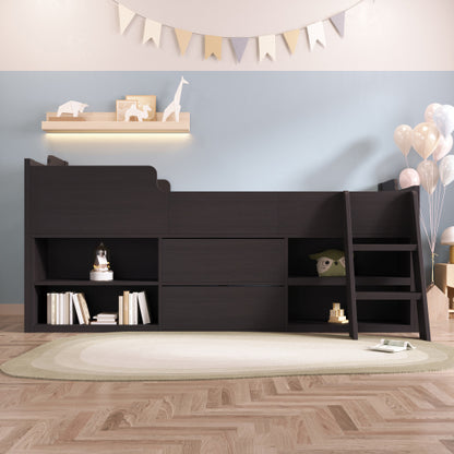 White wooden cabin bed with storage drawers and shelf for kids, 3ft single size, HOMCOM mid sleeper frame with low height.