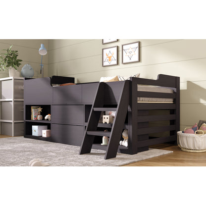 White HOMCOM 3ft single wooden cabin bed frame with built-in drawers and shelf storage for kids, low height, 90x190 cm.