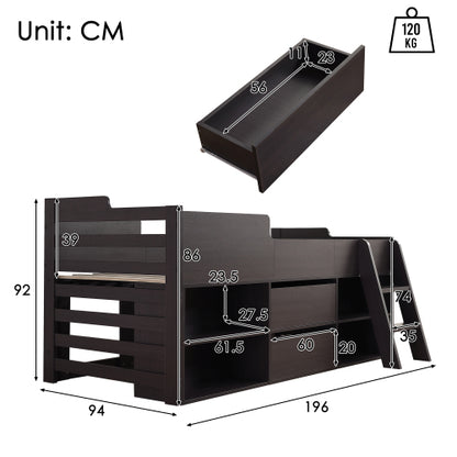 White wooden cabin bed frame for kids with built-in drawers and shelf storage, suitable for 3ft single beds, HOMCOM brand.