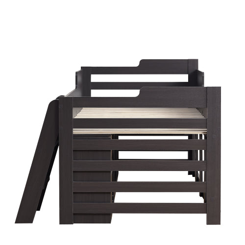 White HOMCOM wooden cabin mid sleeper bed frame with built-in drawers and shelves for kids, 3ft single size, 90x190 cm.
