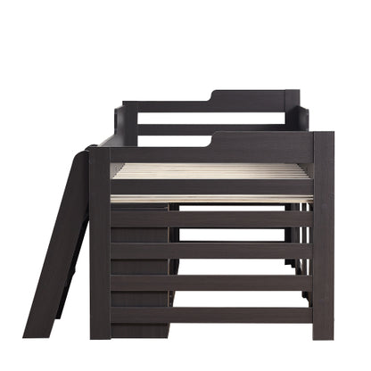 White HOMCOM wooden cabin mid sleeper bed frame with built-in drawers and shelves for kids, 3ft single size, 90x190 cm.