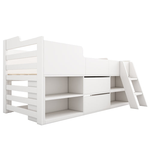 White HOMCOM cabin bed with storage drawers and shelf for kids, 3ft single wooden bed frame with low height and space-saving design.