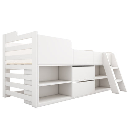 White HOMCOM cabin bed with storage drawers and shelf for kids, 3ft single wooden bed frame with low height and space-saving design.