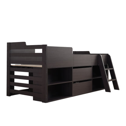 White wooden cabin bed frame for kids with storage drawers and shelves, 3ft single size, low sleeper design by HOMCOM.