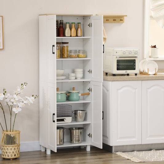 White HOMCOM freestanding kitchen cupboard with four doors, adjustable shelves, and versatile storage for organized kitchen space.