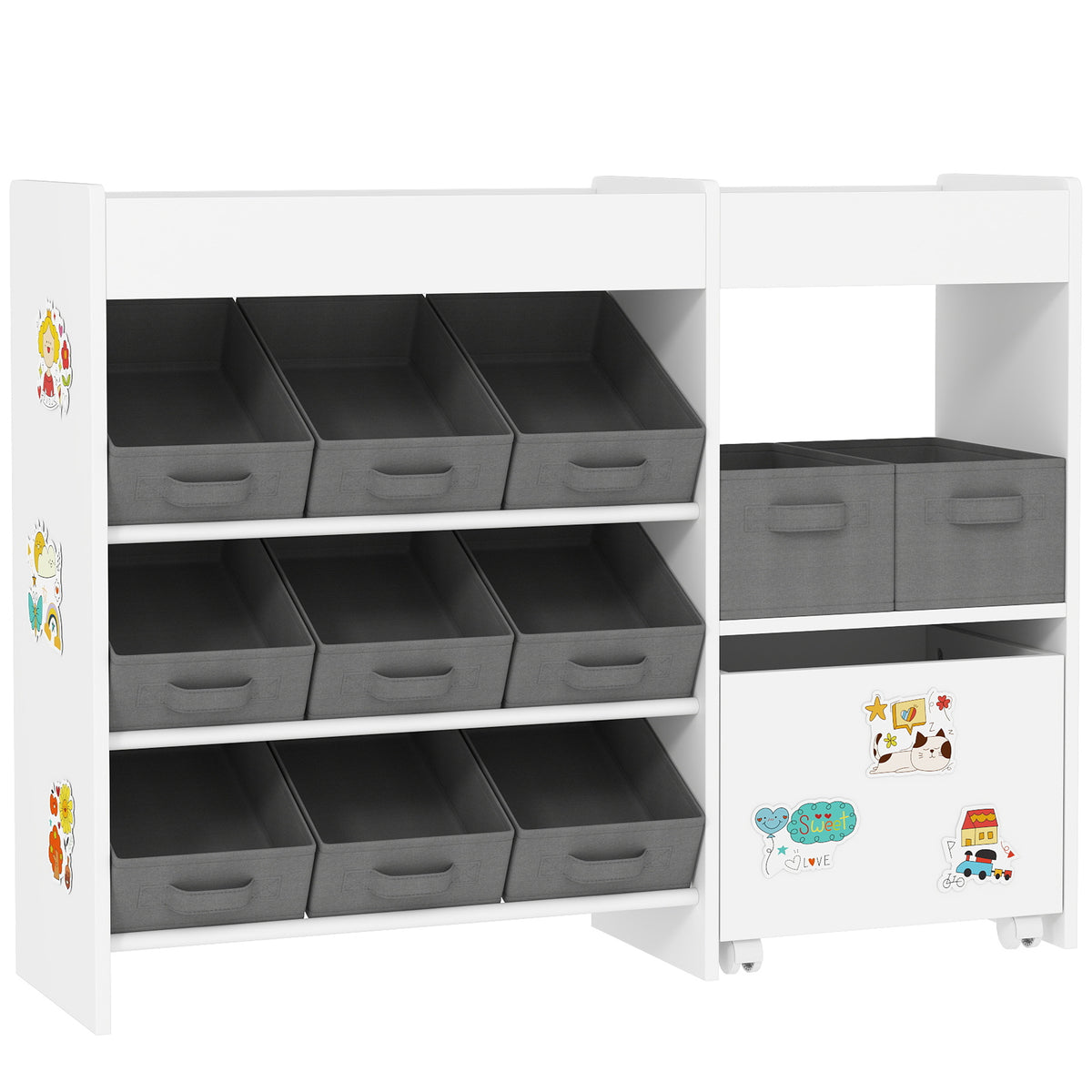 White HOMCOM kids toy storage unit with 11 bins, cabinet, top shelves, and stickers for nursery or playroom organization.