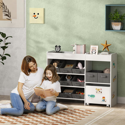 White HOMCOM kids toy storage unit with 11 bins, cabinet, top shelves, and colorful stickers in a nursery or playroom setting.