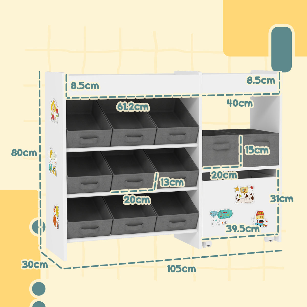 White HOMCOM kids toy storage unit with 11 bins, cabinet, top shelves, and decorative stickers for nursery or playroom organization.