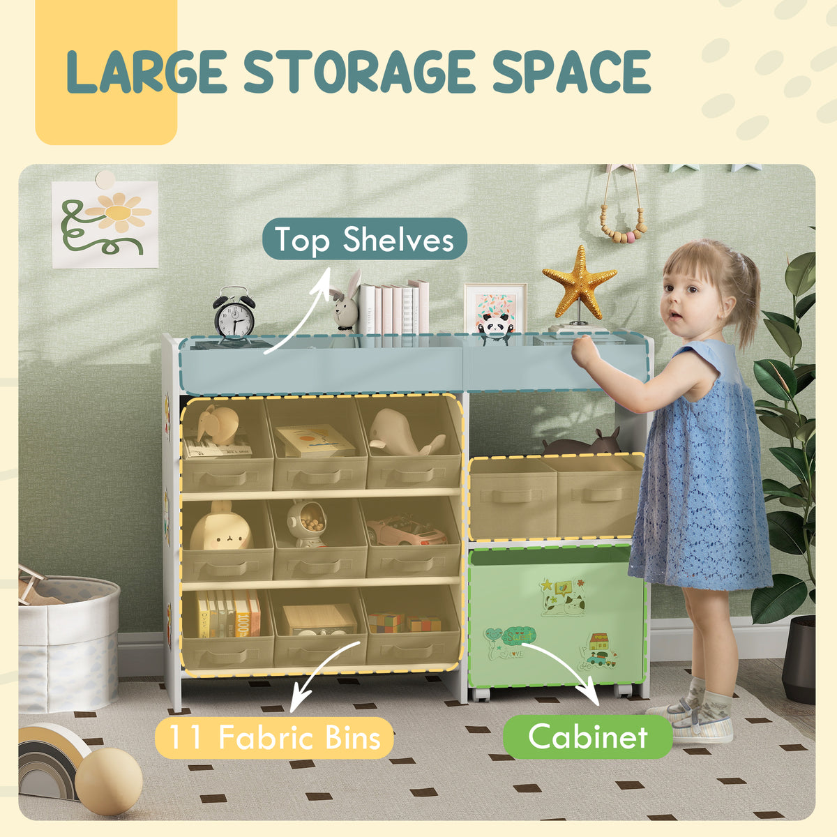 HOMCOM white kids toy storage unit with 11 bins, cabinet, top shelves, and decorative stickers for nursery or playroom.