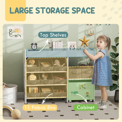 HOMCOM white kids toy storage unit with 11 bins, cabinet, top shelves, and decorative stickers for nursery or playroom.