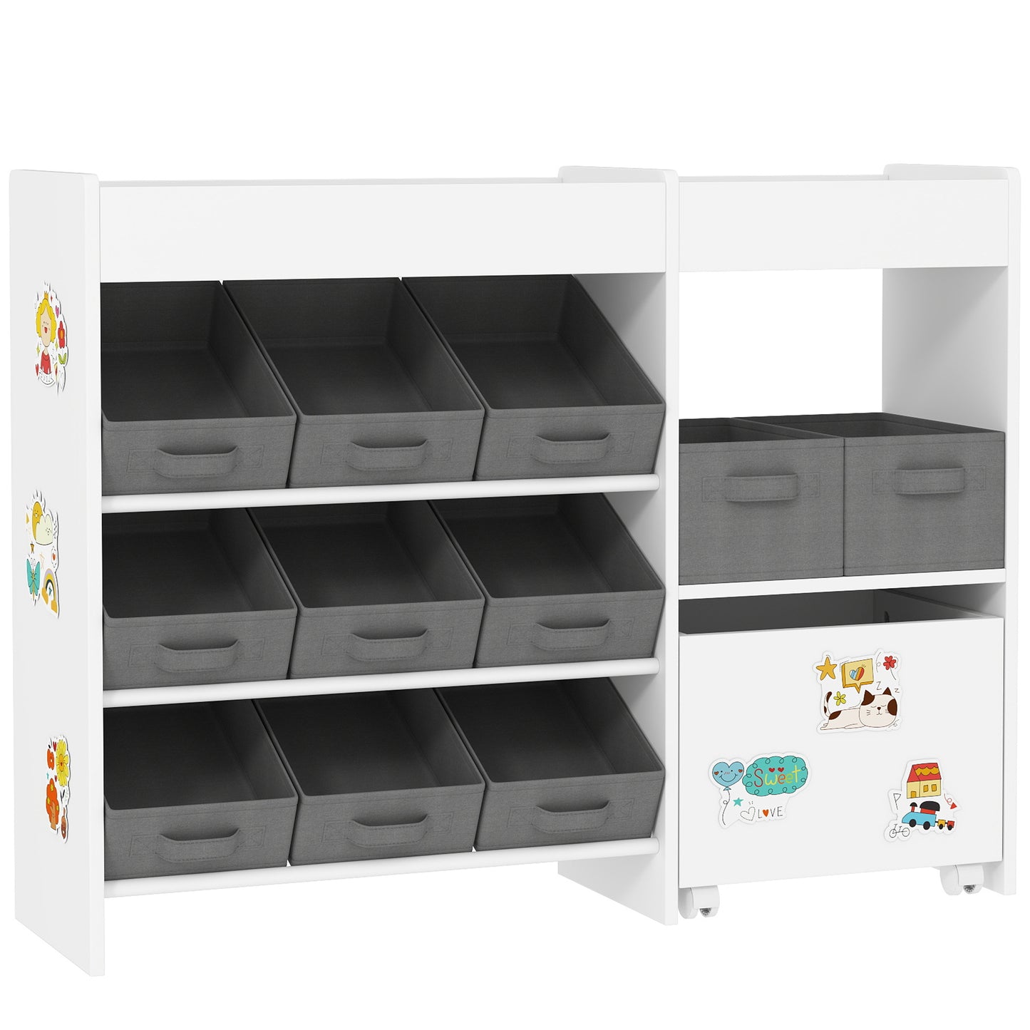 White HOMCOM kids toy storage unit with 11 bins, cabinet, top shelves, and stickers, ideal for nursery and playroom organization.