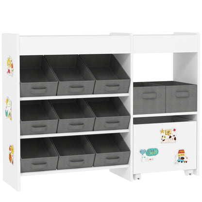 White HOMCOM kids toy storage unit with 11 bins, cabinet, top shelves, and stickers, ideal for nursery and playroom organization.