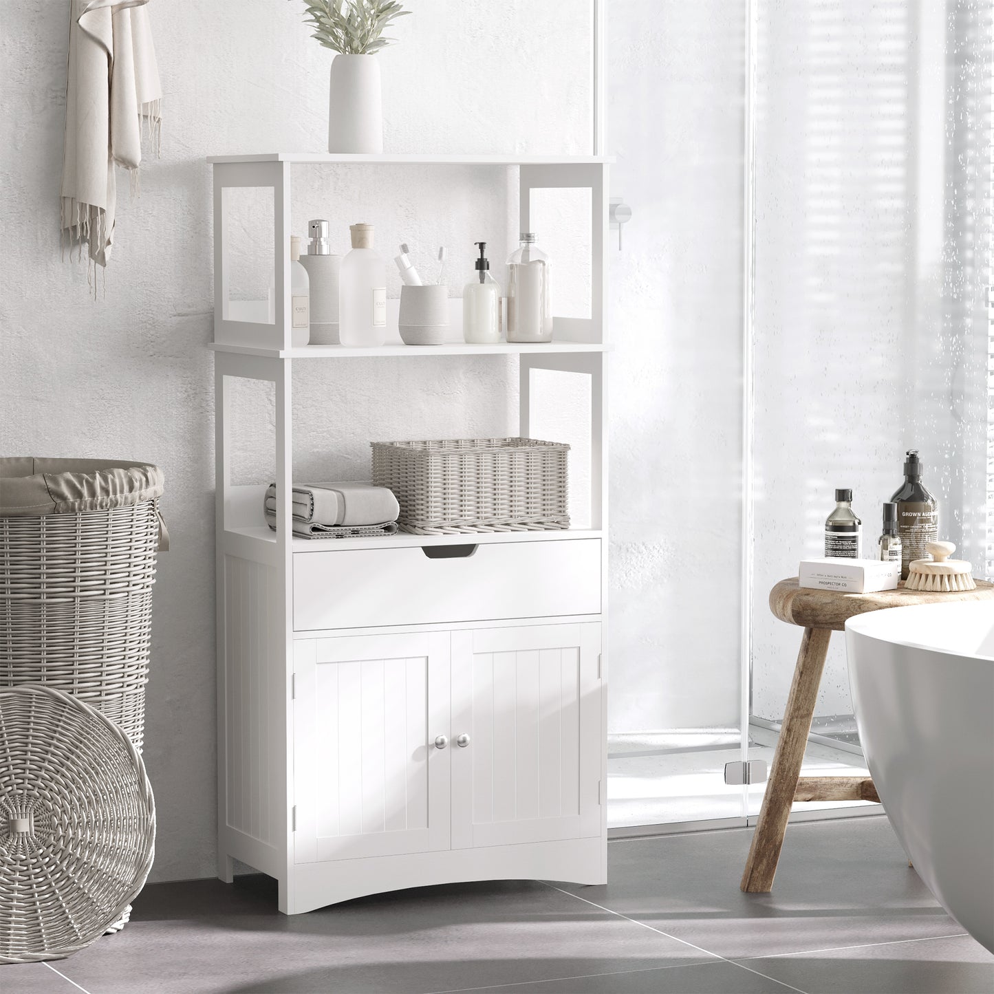 White HOMCOM Kleankin bathroom floor cabinet with drawer and shelves, freestanding bathroom storage cupboard with organized compartments.