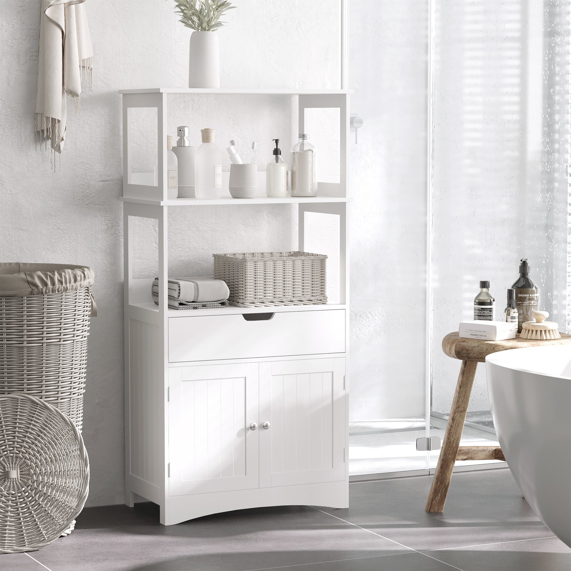 White HOMCOM Kleankin bathroom floor cabinet with drawer and shelves, freestanding bathroom storage cupboard with organized compartments.
