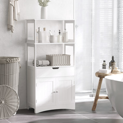 White HOMCOM Kleankin bathroom floor cabinet with drawer and shelves, freestanding bathroom storage cupboard with organized compartments.