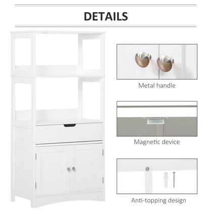 White HOMCOM Kleankin bathroom floor cabinet with drawer and shelves, freestanding storage cupboard for organized bathroom space.