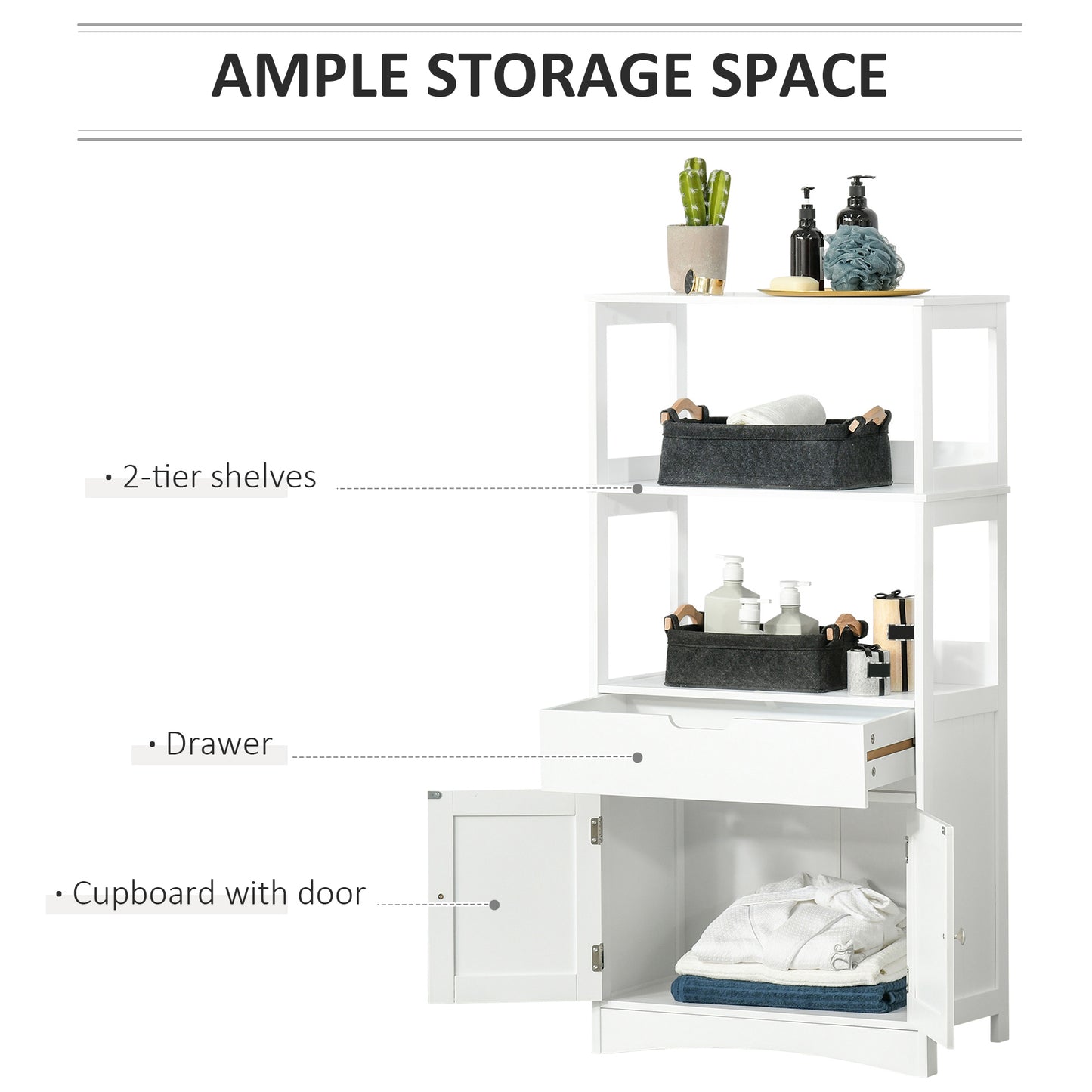 White HOMCOM Kleankin bathroom floor cabinet with drawer and shelves, freestanding storage cupboard for bathroom organization.