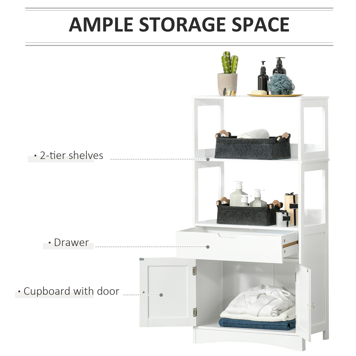 White HOMCOM Kleankin bathroom floor cabinet with drawer and shelves, freestanding storage cupboard for bathroom organization.