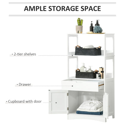 White HOMCOM Kleankin bathroom floor cabinet with drawer and shelves, freestanding storage cupboard for bathroom organization.