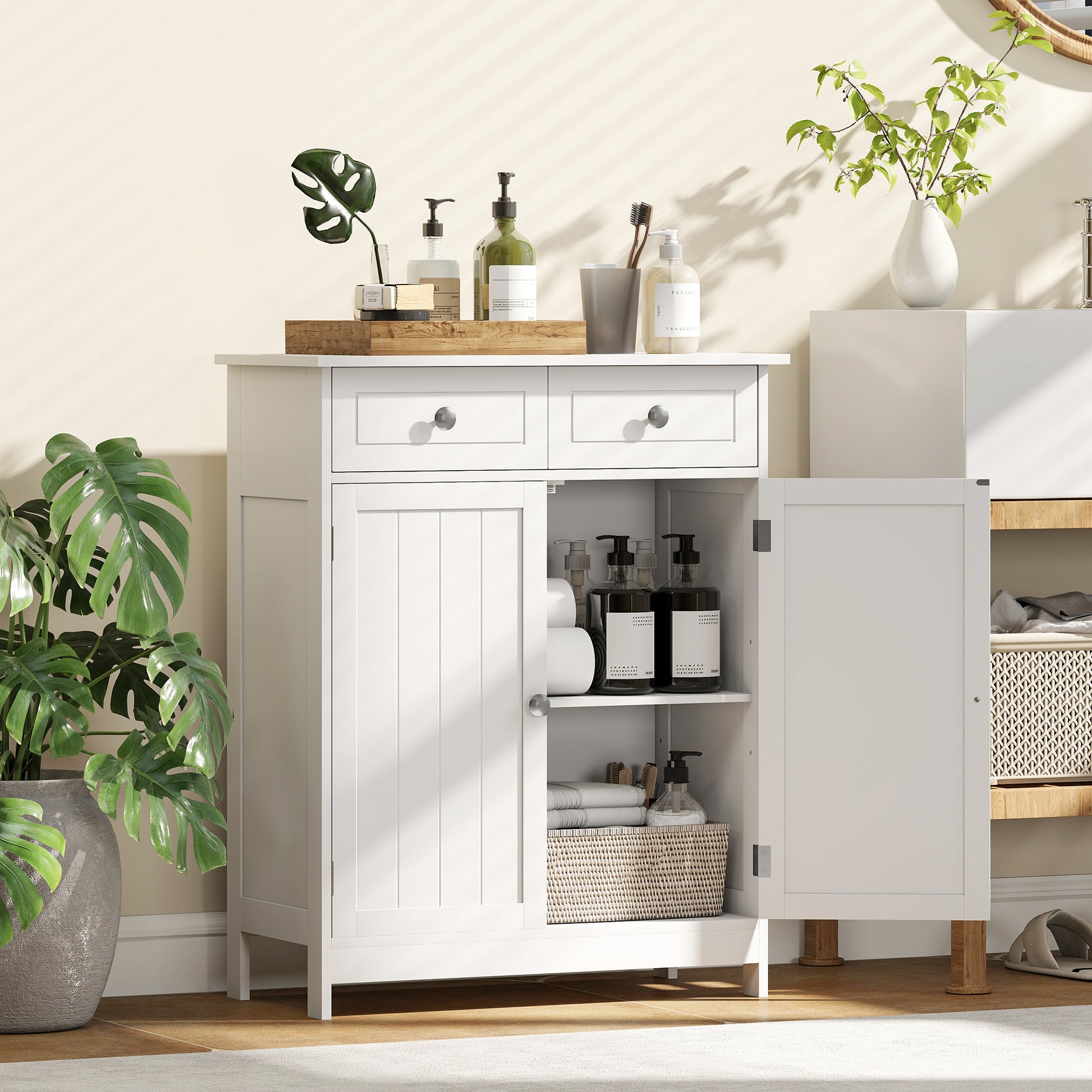 HOMCOM Kleankin white bathroom storage cabinet with drawers and adjustable shelf, freestanding standalone cupboard.
