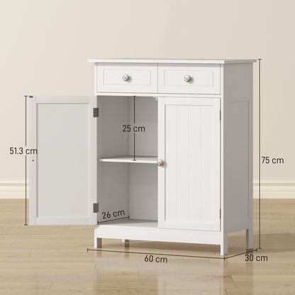 HOMCOM Kleankin white bathroom storage cabinet with drawers, adjustable shelf, freestanding design, ideal for bathroom organization.