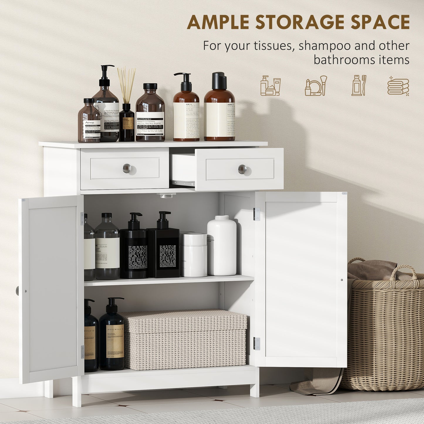 HOMCOM Kleankin white bathroom storage cabinet with drawers and adjustable shelf, freestanding design for organized bathroom storage.