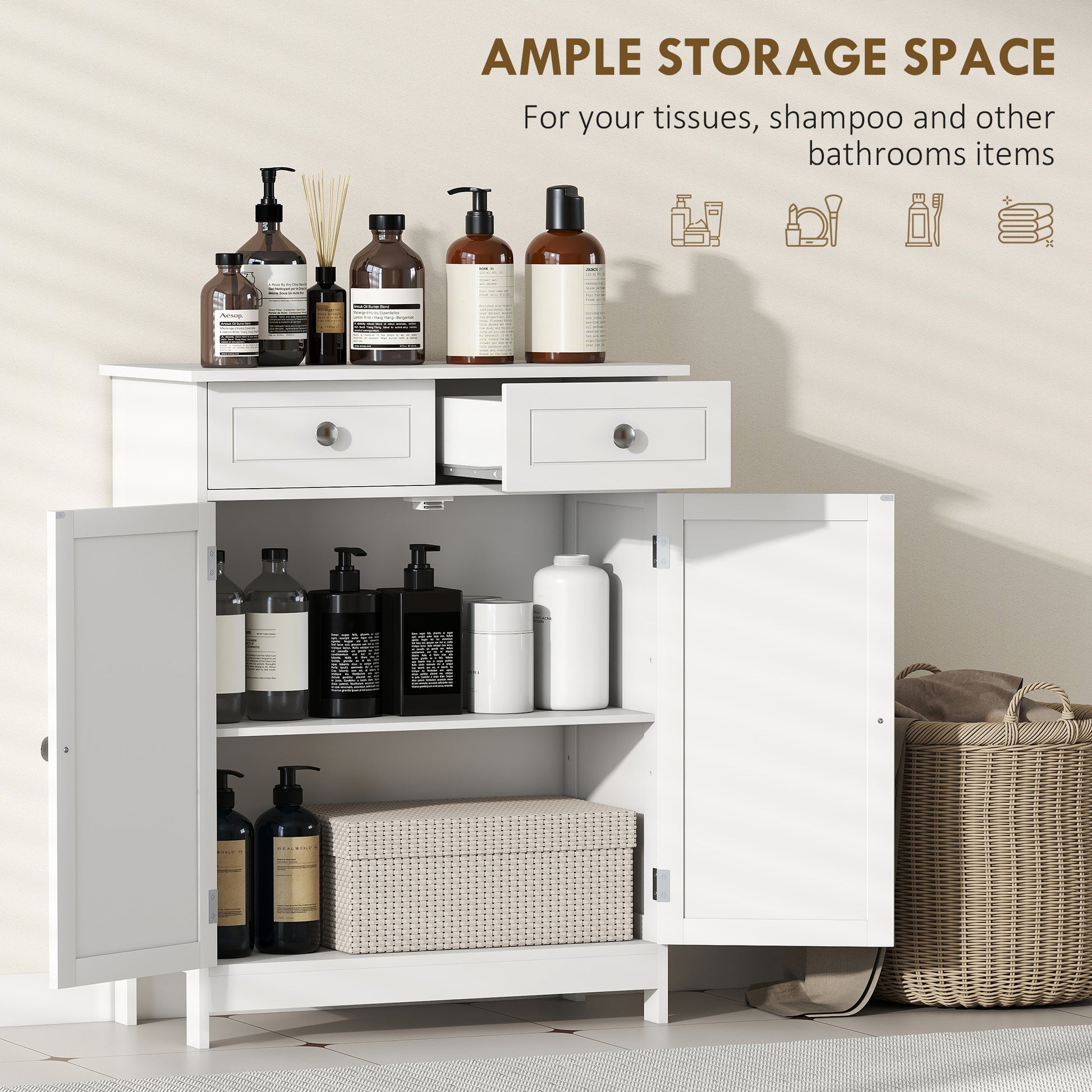 HOMCOM Kleankin white bathroom storage cabinet with drawers and adjustable shelf, freestanding design for organized bathroom storage.