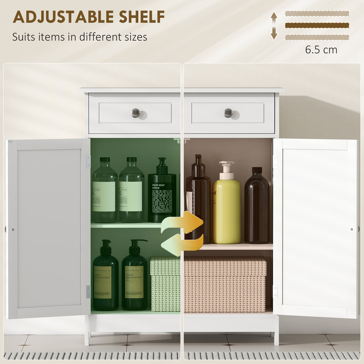 HOMCOM Kleankin white bathroom storage cabinet with drawers and adjustable shelf, freestanding cupboard for organized bathroom storage.