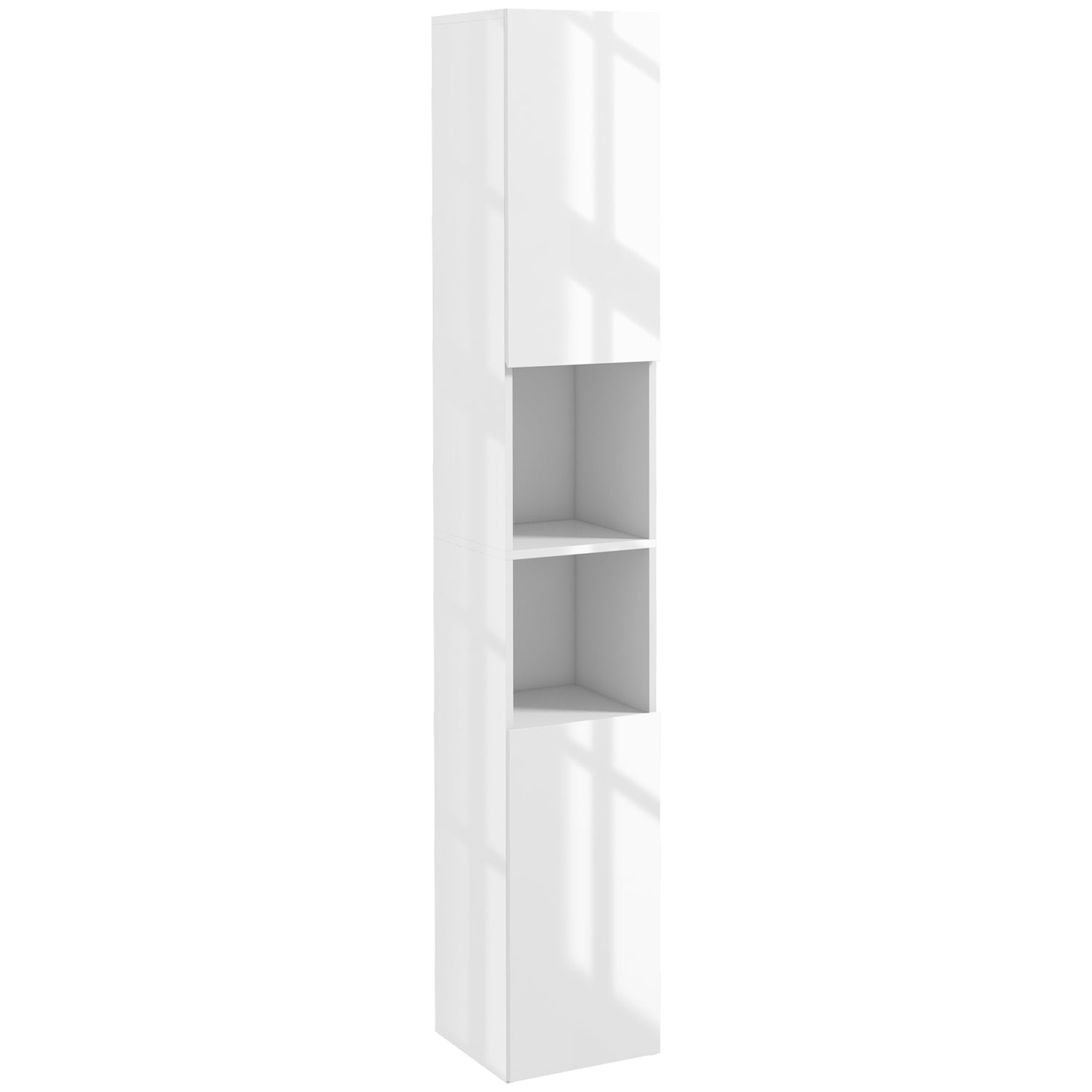 HOMCOM Kleankin high gloss white bathroom storage cabinet with tall, adjustable shelves for organized bathroom storage.
