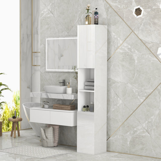 White HOMCOM Kleankin high gloss bathroom storage cabinet with tall, adjustable shelves and a sleek freestanding design.