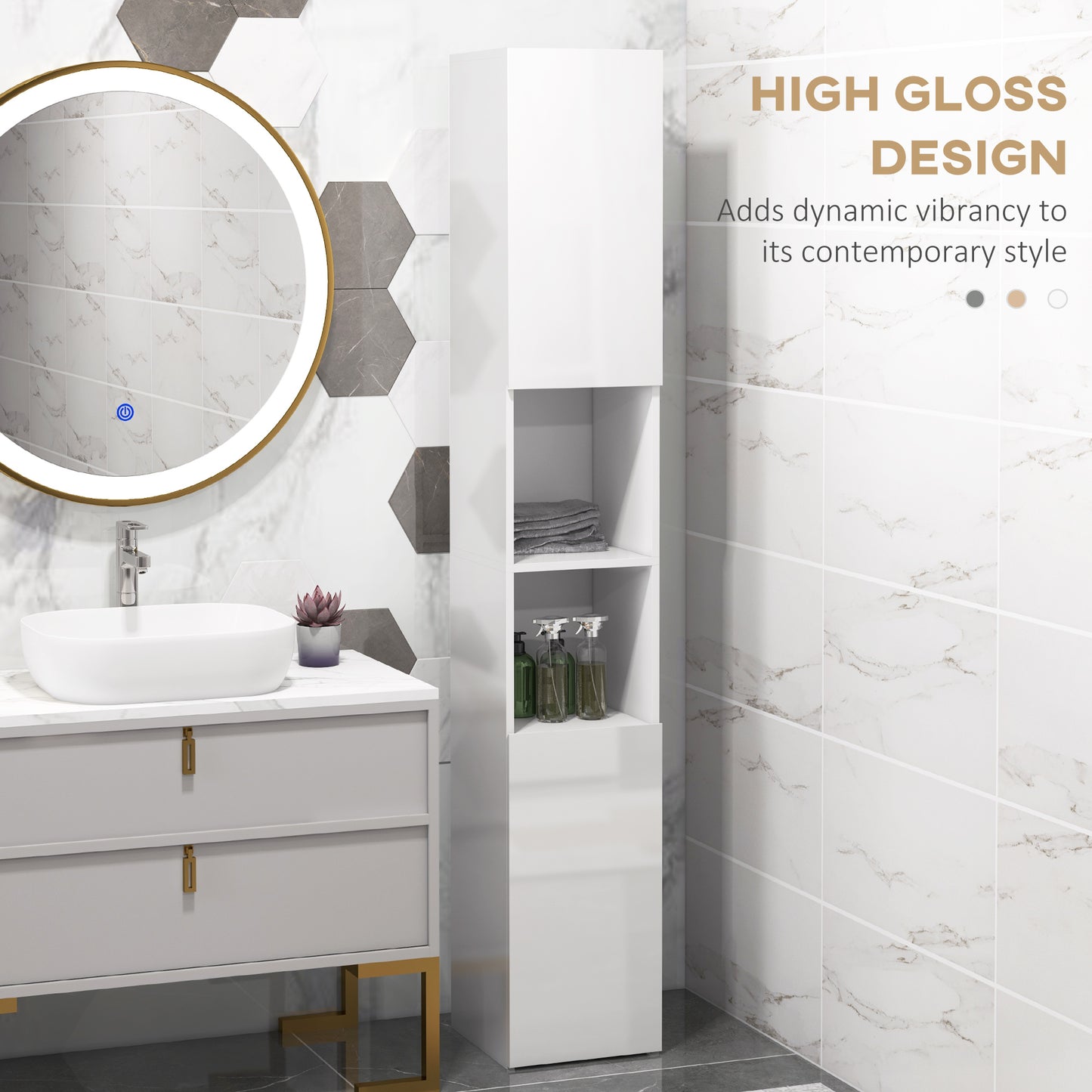 HOMCOM Kleankin high gloss white bathroom storage cabinet with tall design and adjustable shelves for organized bathroom storage.