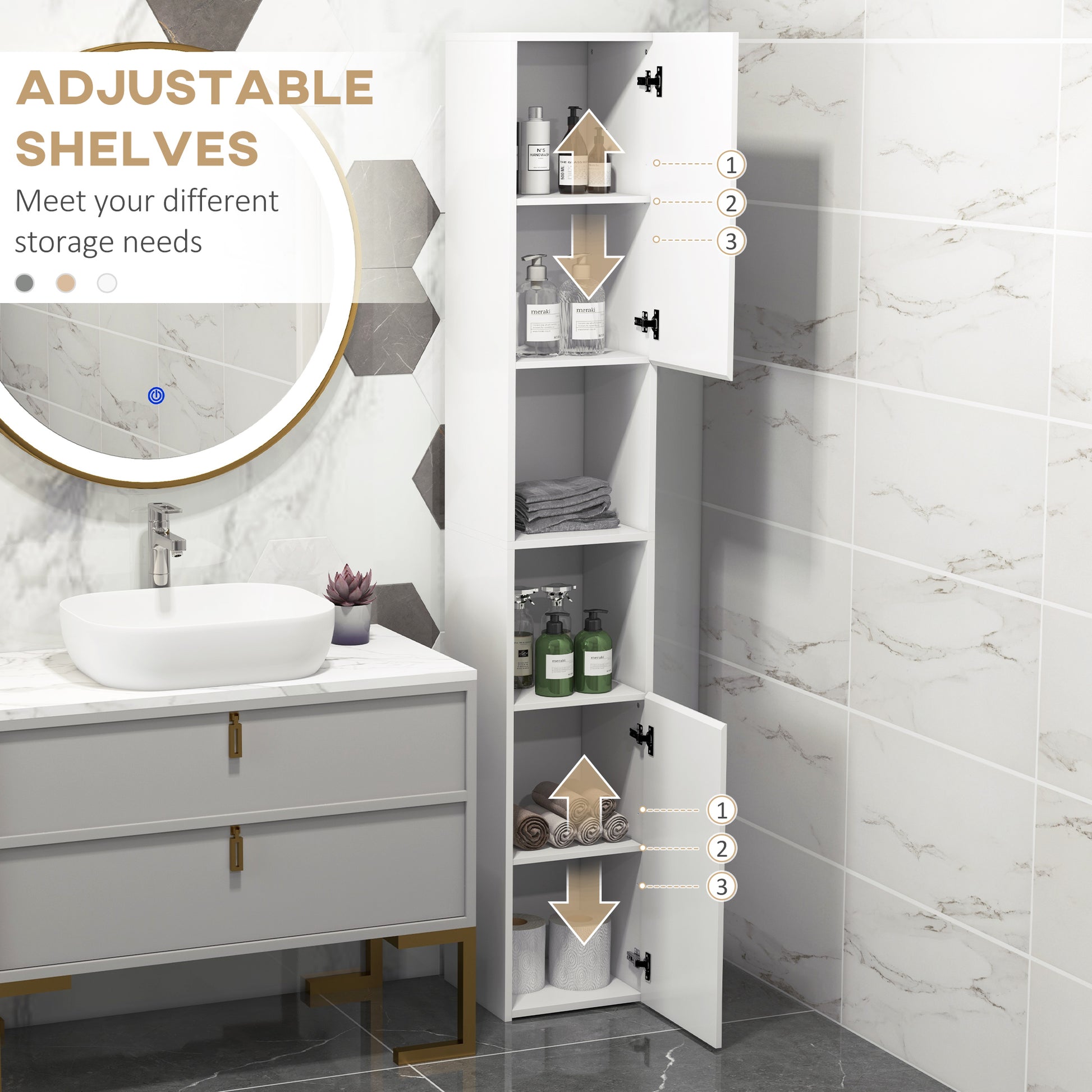 HOMCOM Kleankin high gloss white bathroom storage cabinet with tall design and adjustable shelves for organized bathroom storage.