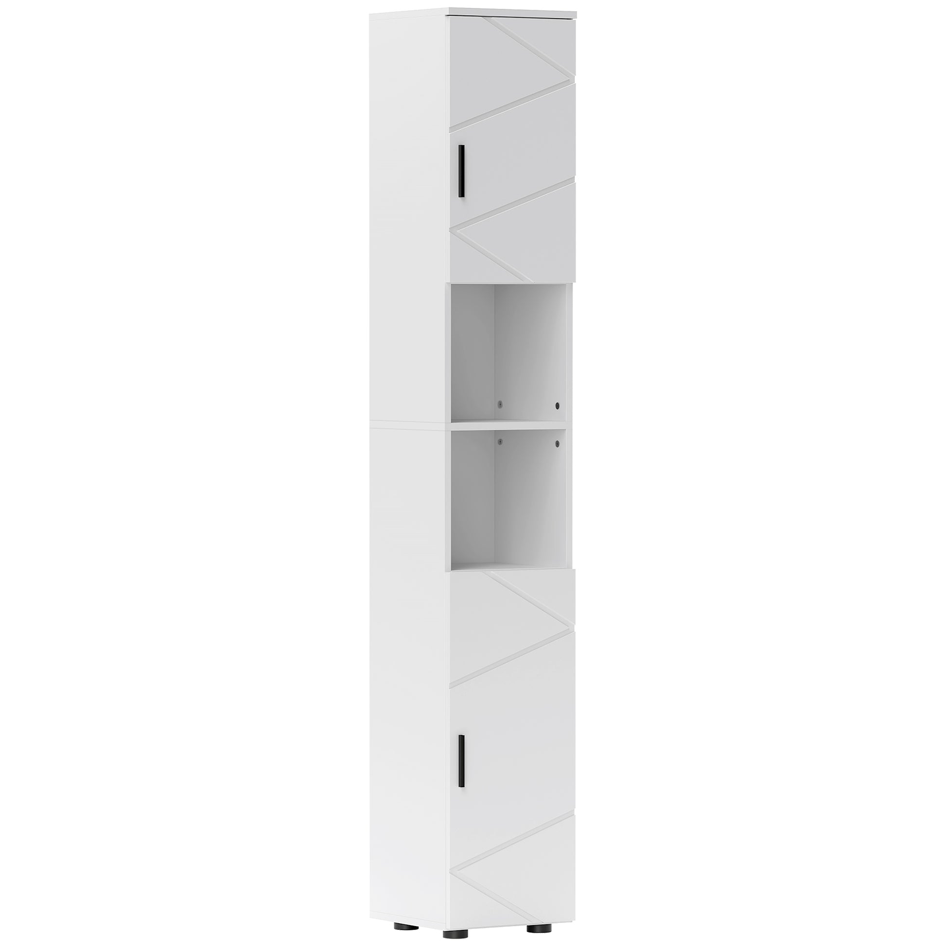 White HOMCOM Kleankin Line embossed tall bathroom storage cabinet with multiple compartments and sleek design.