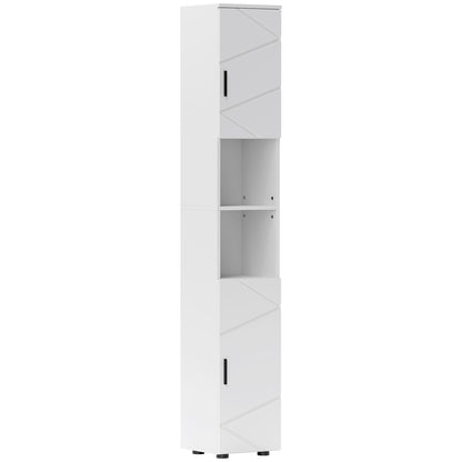 White HOMCOM Kleankin Line embossed tall bathroom storage cabinet with multiple compartments and sleek design.