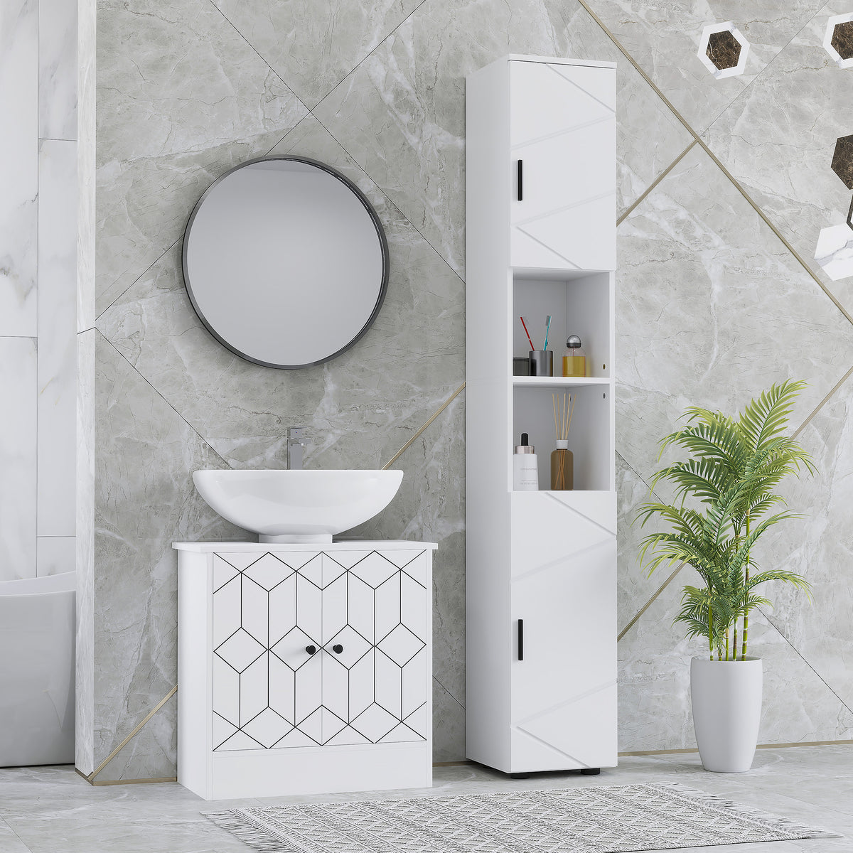 White HOMCOM Kleankin Line embossed tall bathroom storage cabinet with multiple doors and sleek design.