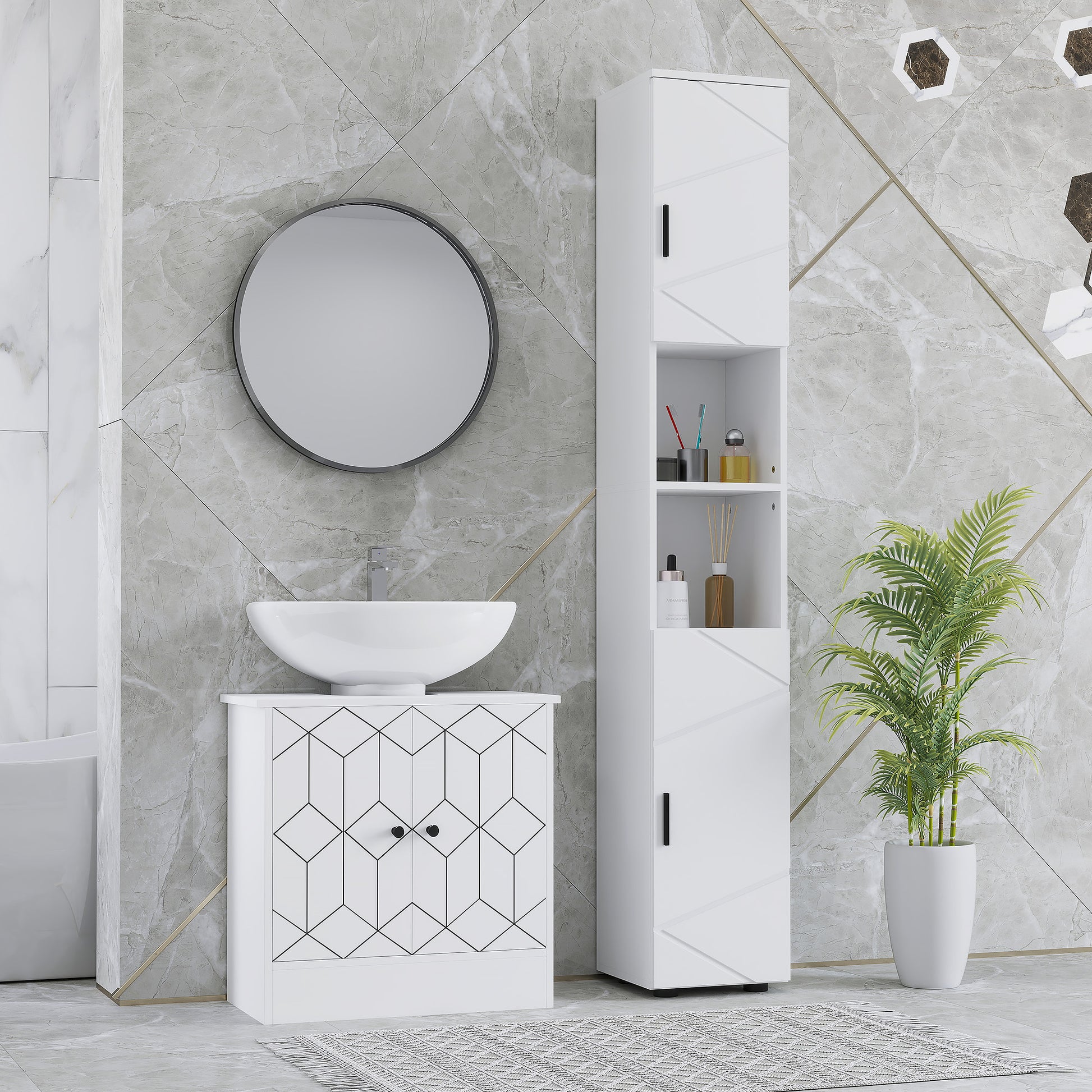 White HOMCOM Kleankin Line embossed tall bathroom storage cabinet with multiple doors and sleek design.