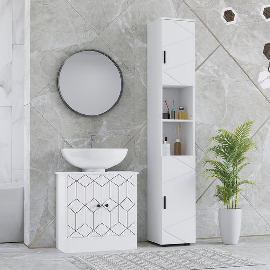 White HOMCOM Kleankin Line embossed tall bathroom storage cabinet with multiple doors and sleek design.