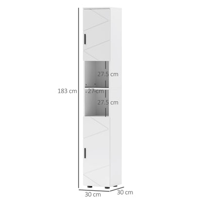 White HOMCOM Kleankin Line embossed tall bathroom storage cabinet with multiple shelves and sleek design.
