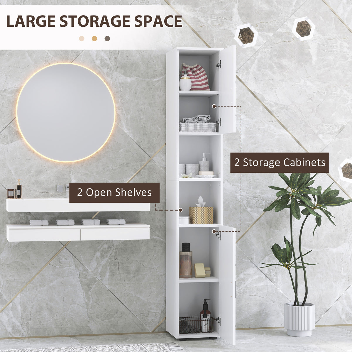 White HOMCOM Kleankin Line embossed tall bathroom storage cabinet with multiple shelves and sleek design.