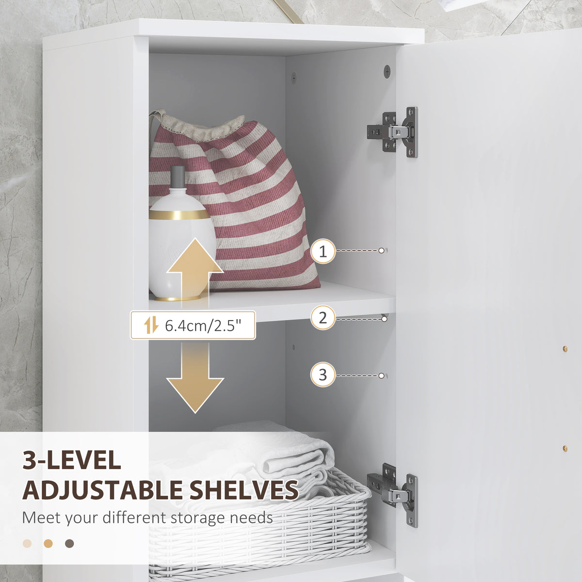 White HOMCOM Kleankin Line embossed tall bathroom storage cabinet with multiple shelves for organized bathroom storage.